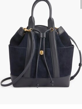 Veronica Beard Navy Blue Suede & Leather Goody Drawstring Bucket Bag
